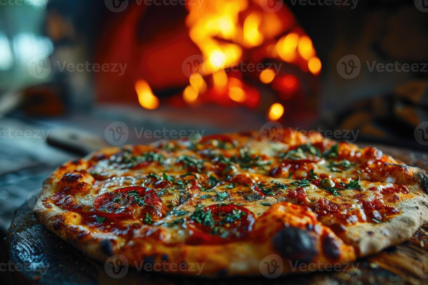 ai generato delizioso italiano Pizza su il tavolo vicino il forno, al forno nel un' legno che brucia forno foto