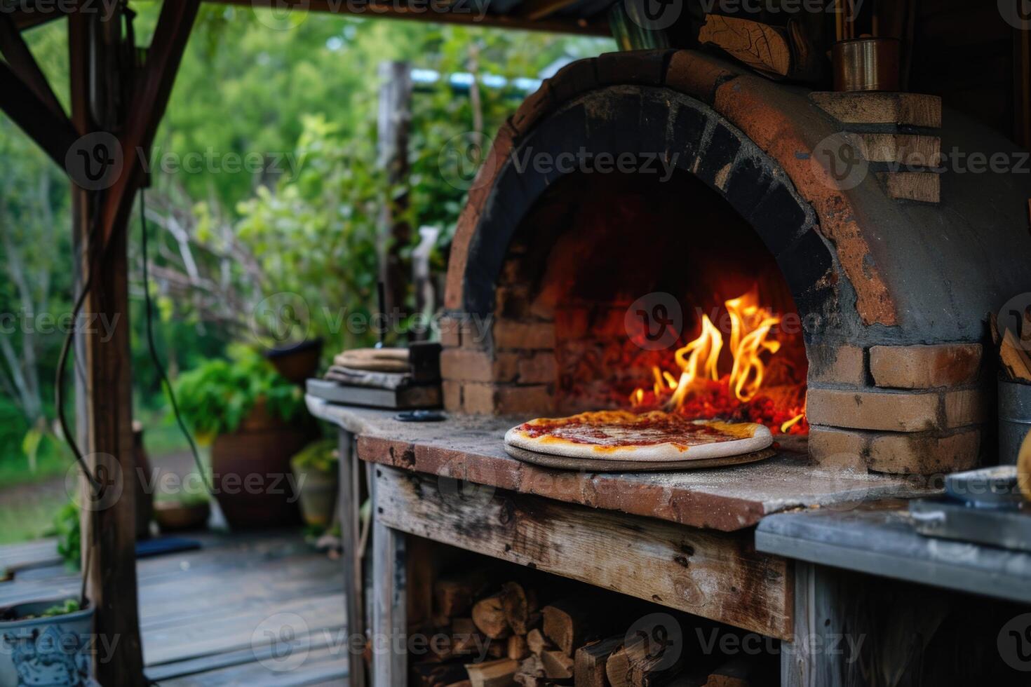 ai generato delizioso fresco italiano Pizza bugie vicino il forno, al forno nel un' legno che brucia forno foto