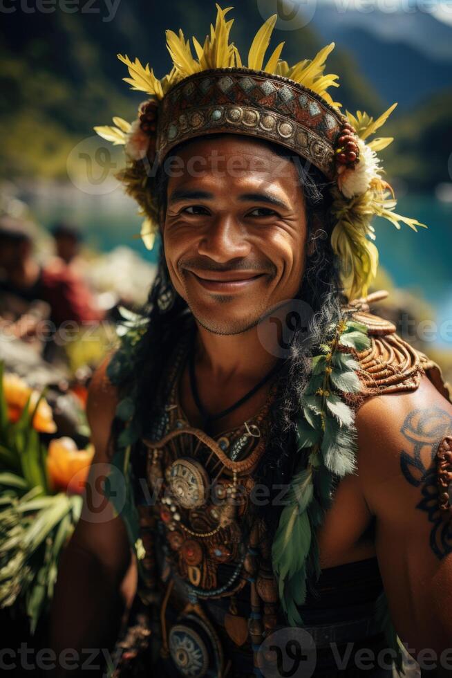 ai generato ritratto di un' polinesiano uomo a partire dal il Pacifico isola di tahiti. francese polinesia foto