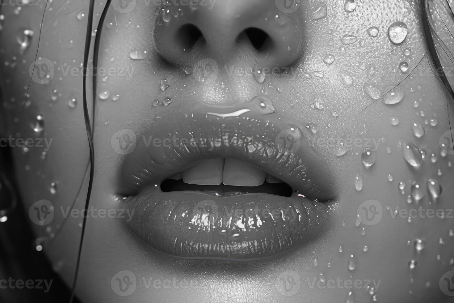 ai generato sexy femmina labbra nel il pioggia avvicinamento. bellissimo Perfetto trucco. macro foto