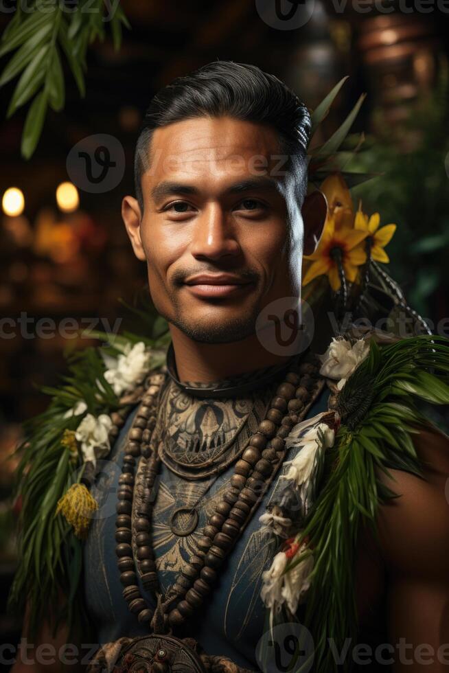 ai generato ritratto di un' polinesiano uomo a partire dal il Pacifico isola di tahiti. francese polinesia foto