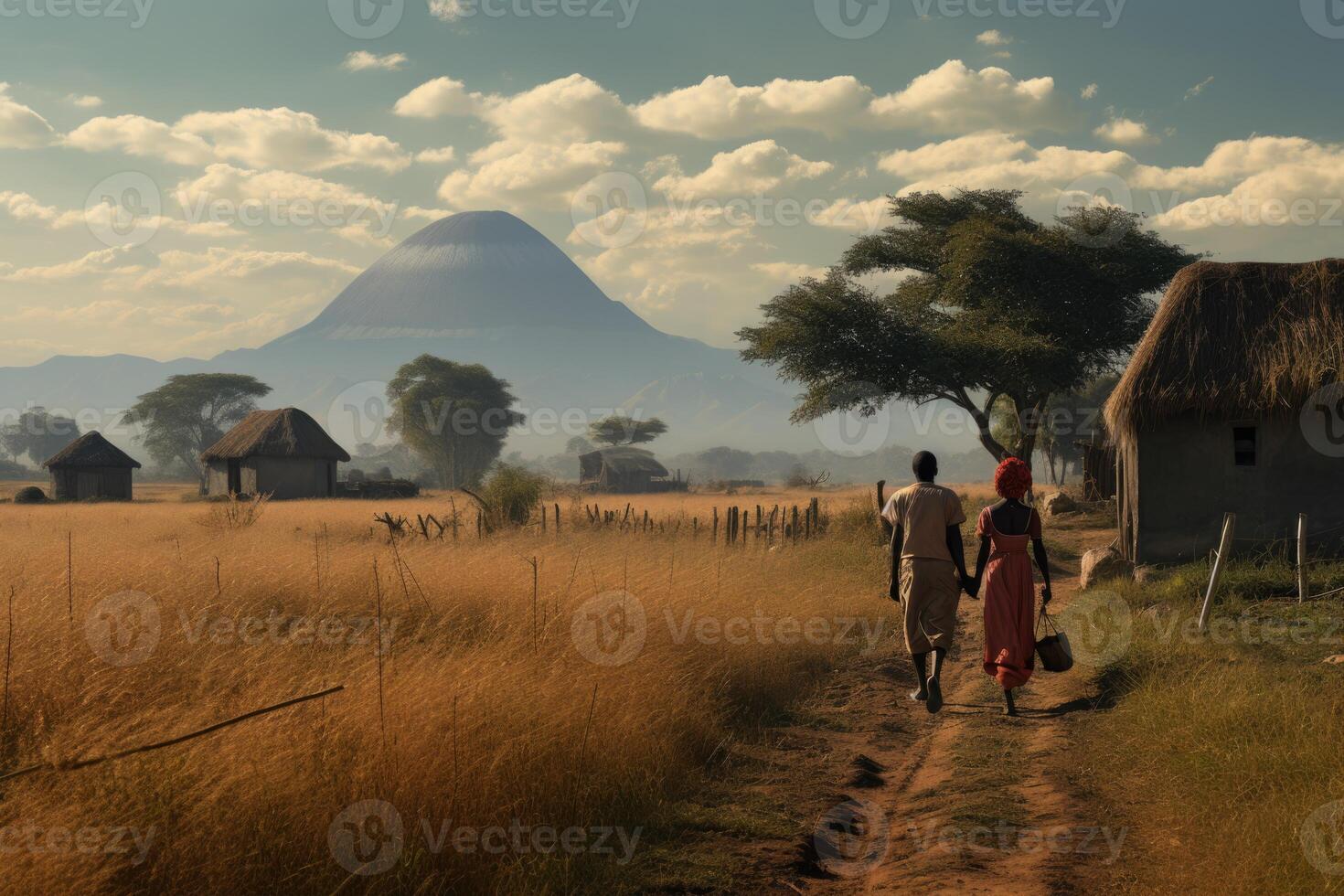 ai generato un africano villaggio. persone a piedi lungo il strada nel Africa foto