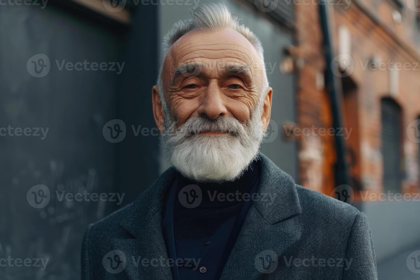 ai generato ritratto di un anziano uomo con barba e cappotto su un' città strada foto