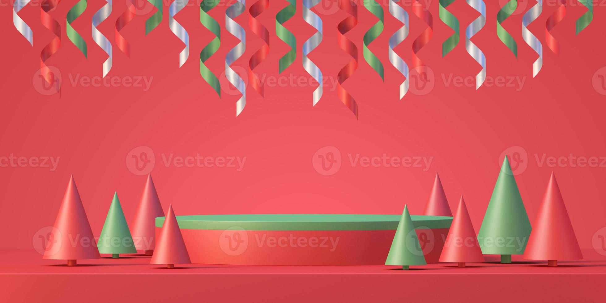 natale e capodanno prodotto podio mockup display sfondo con albero di natale e nastro, 3d render background foto