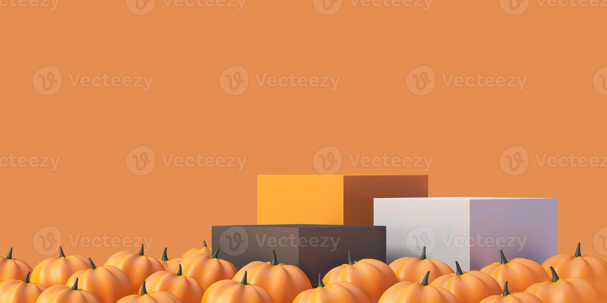 sfondo mockup prodotto halloween con display podio prodotto arancione 3d e zucca, illustrazione rendering 3d foto