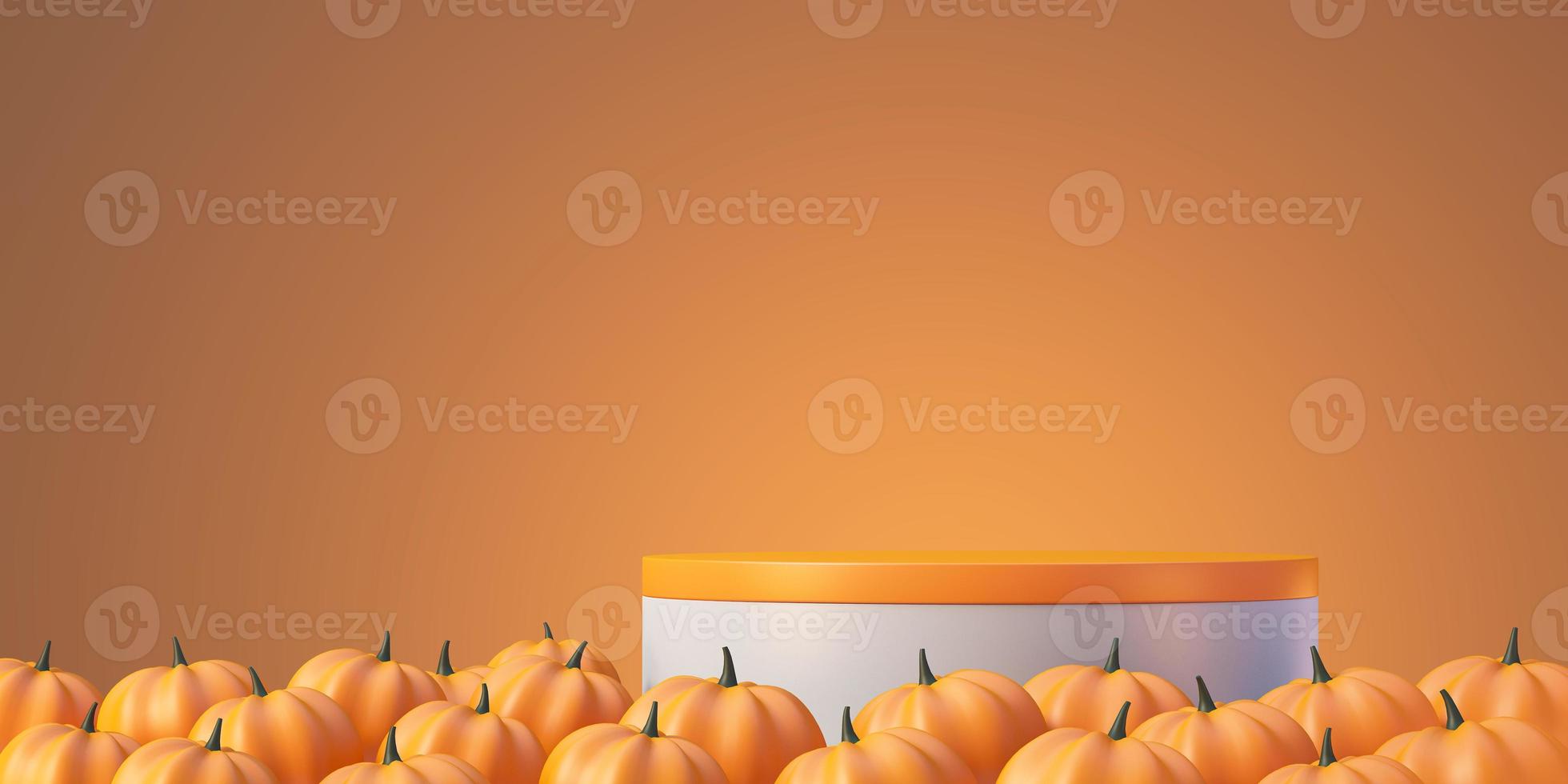 sfondo mockup prodotto halloween con display podio prodotto arancione 3d e zucca, illustrazione rendering 3d foto