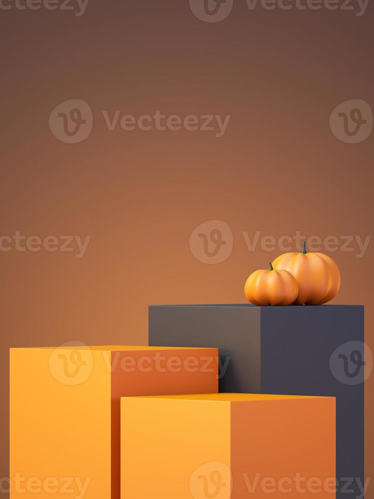 sfondo mockup prodotto halloween con display podio prodotto arancione 3d e zucca, illustrazione rendering 3d foto