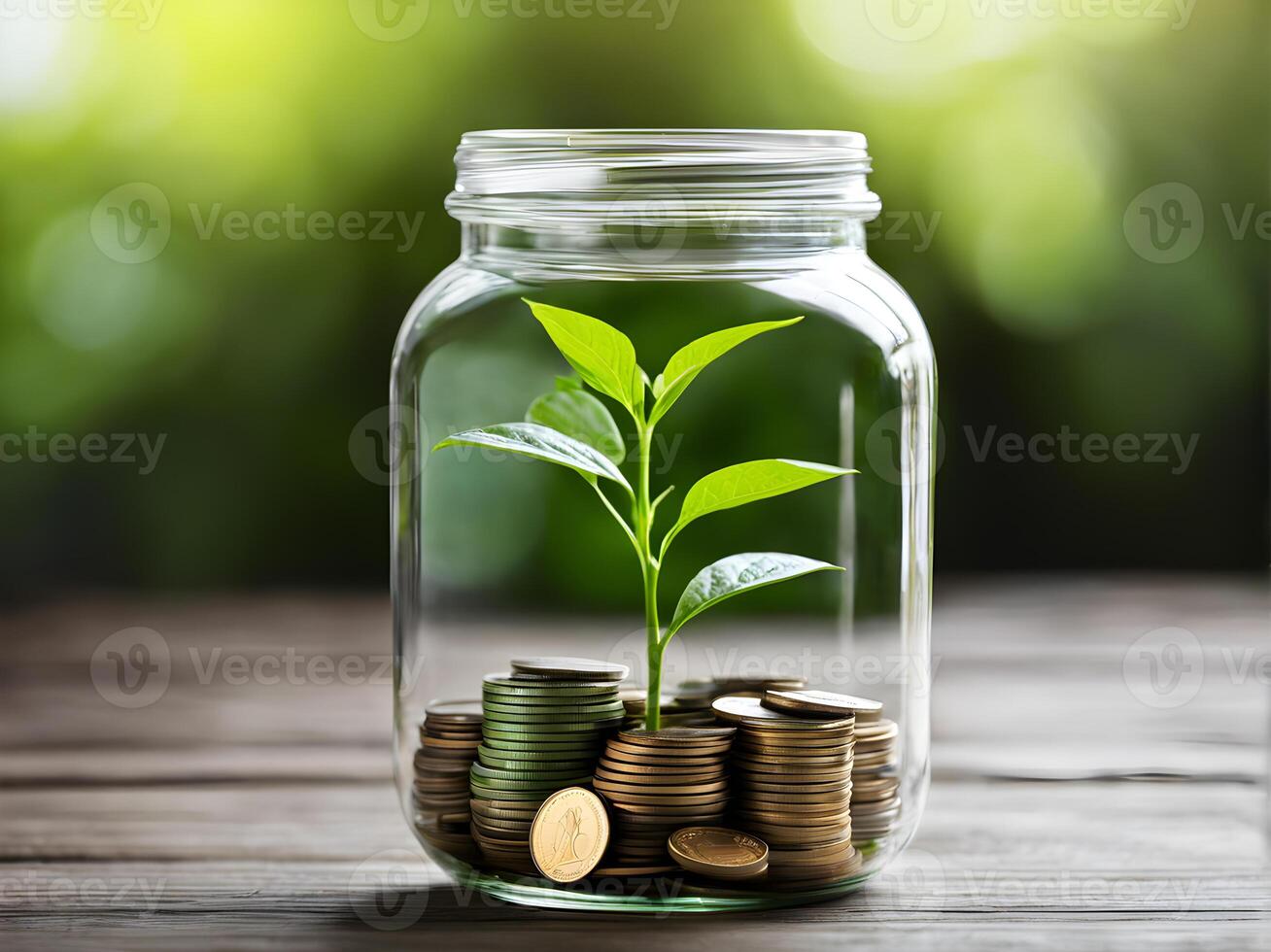 ai generato pianta in crescita su di moneta vaso su tavolo nel ufficio con verde sfondo foto