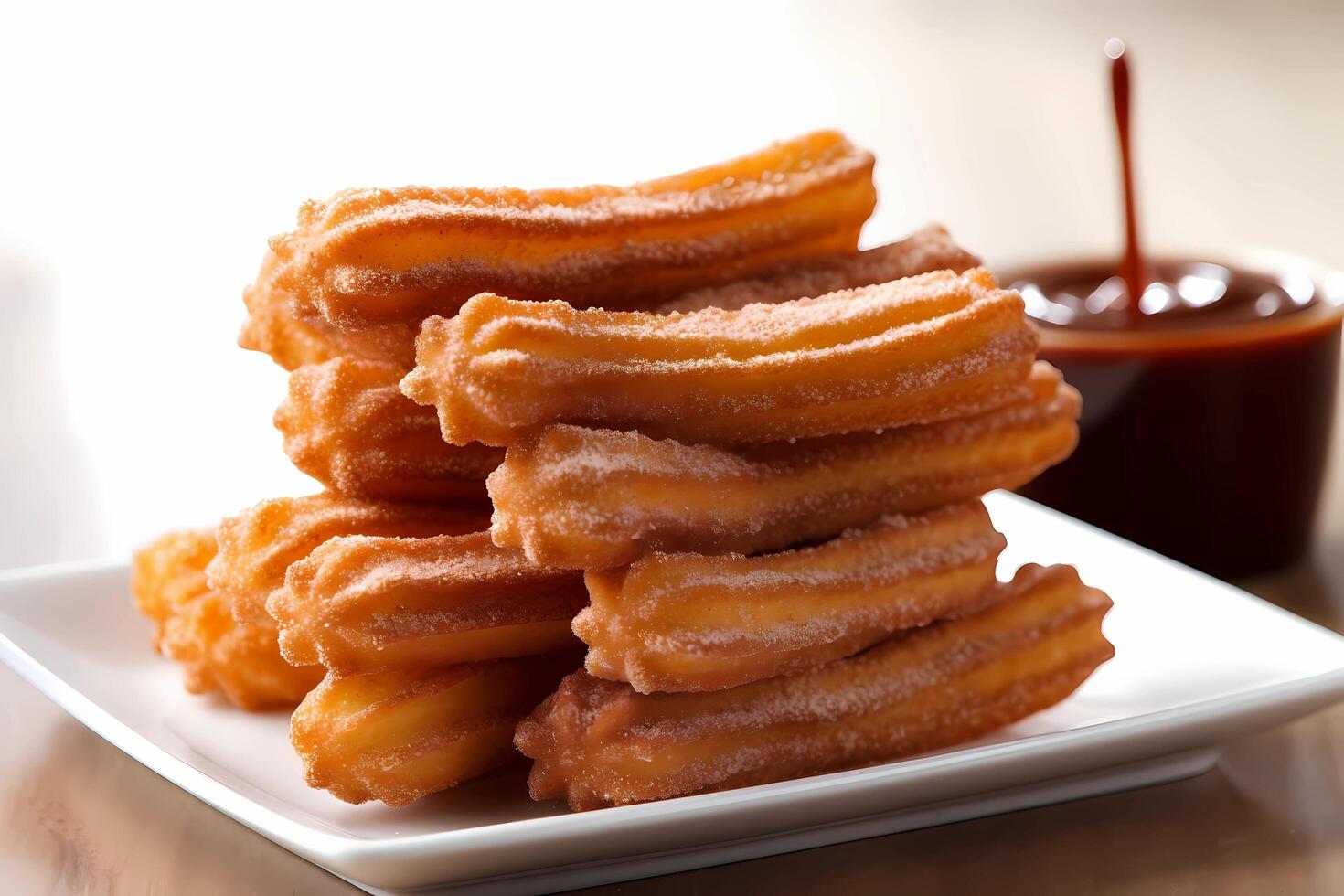 ai generato churros - popolare nel Spagna e latino America, churros siamo fritta Impasto pasticcini spesso servito con un' lato di cioccolato salsa per immersione foto