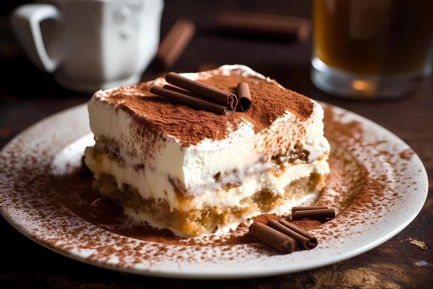 ai generato Tiramisù - originario nel Italia, Tiramisù è un' al gusto di caffè dolce fatto con savoiardi, mascarpone formaggio, e cacao foto