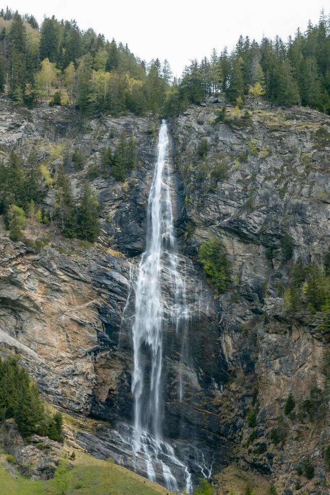 cascata a cascata al di sopra di il scogliera con il alberi su superiore di, Austria. foto