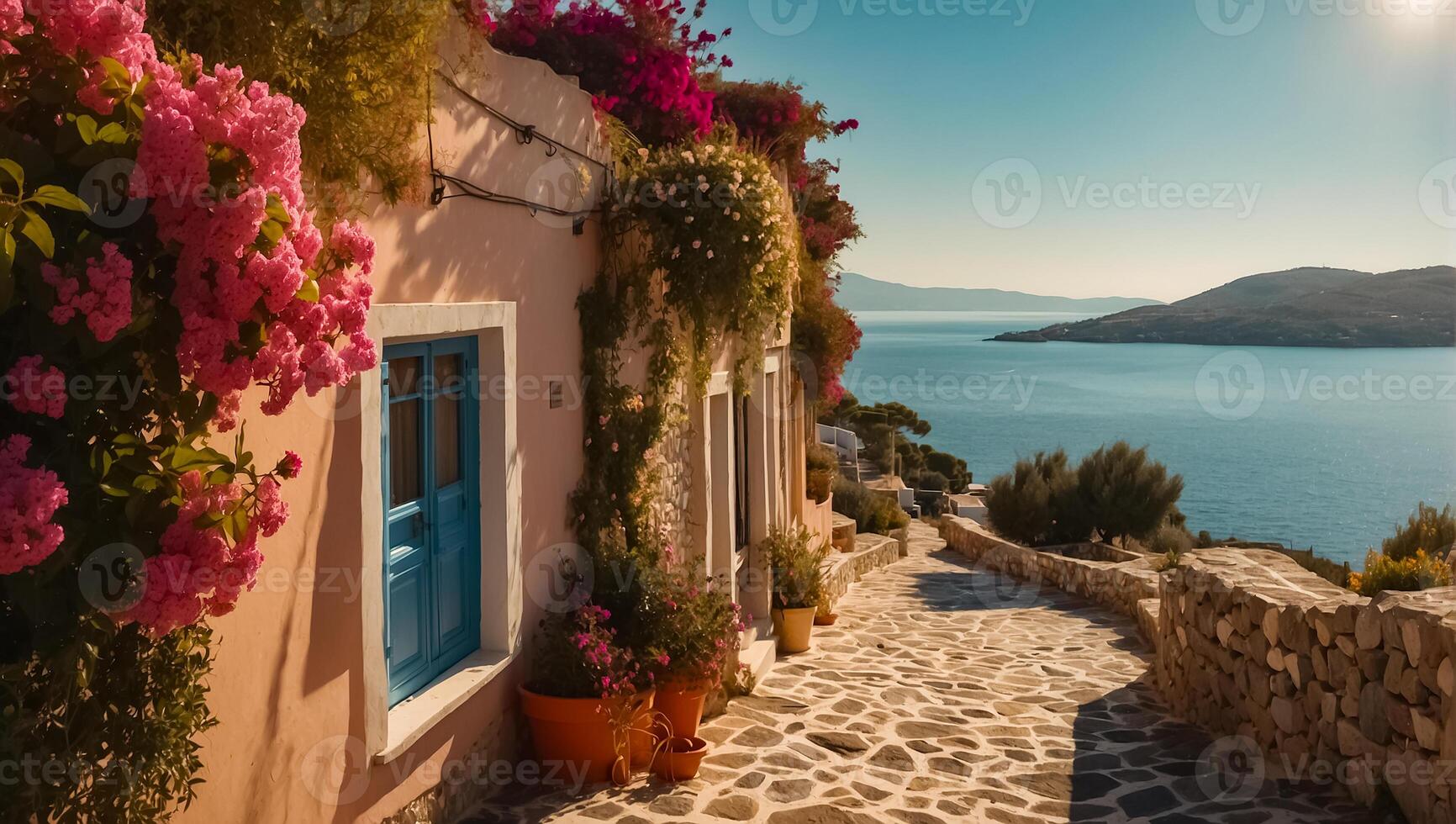 ai generato bellissimo strada Grecia estate giorno, mare foto