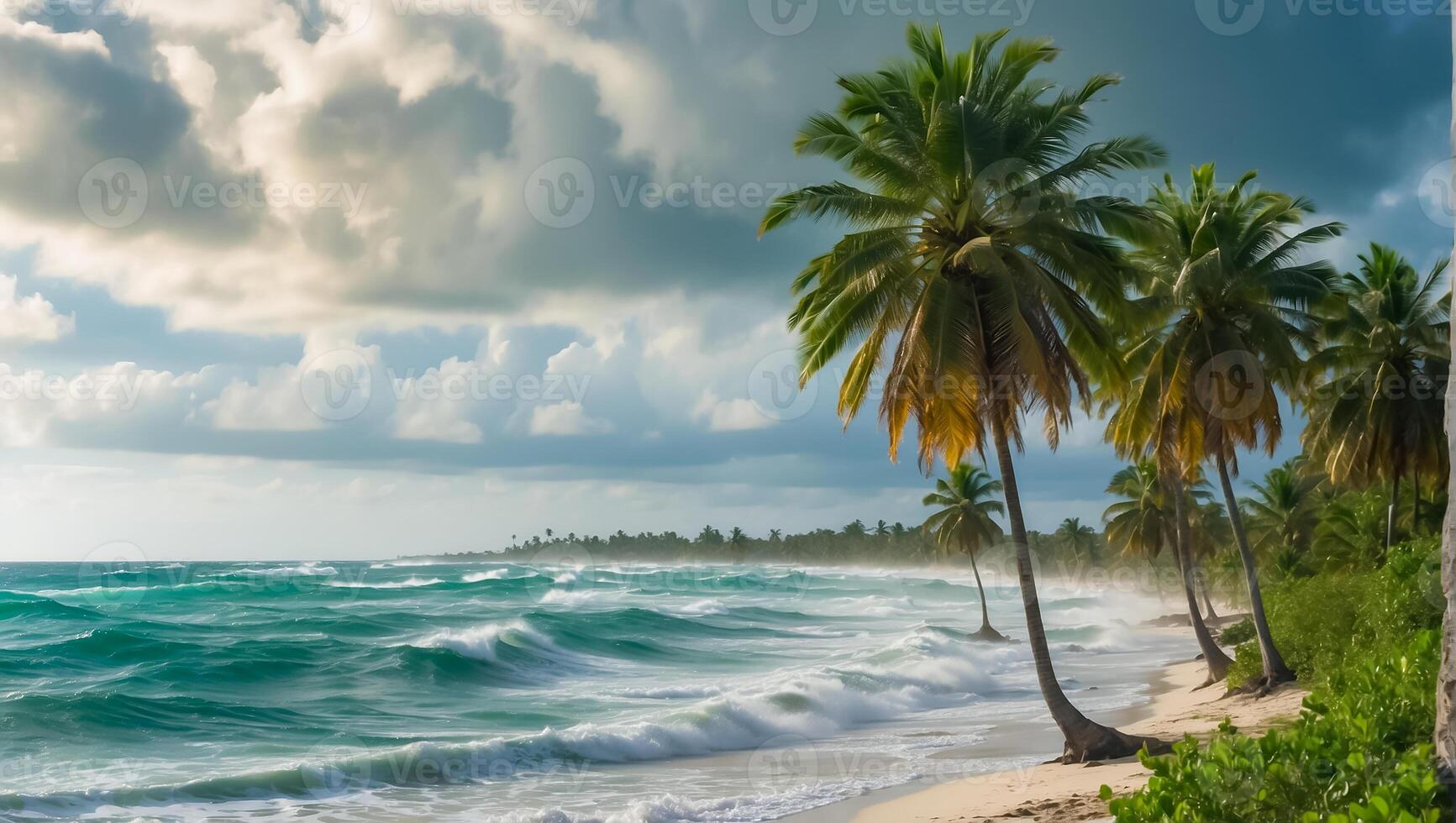 ai generato forte vento tropicale tempesta palma alberi, oceano riva foto