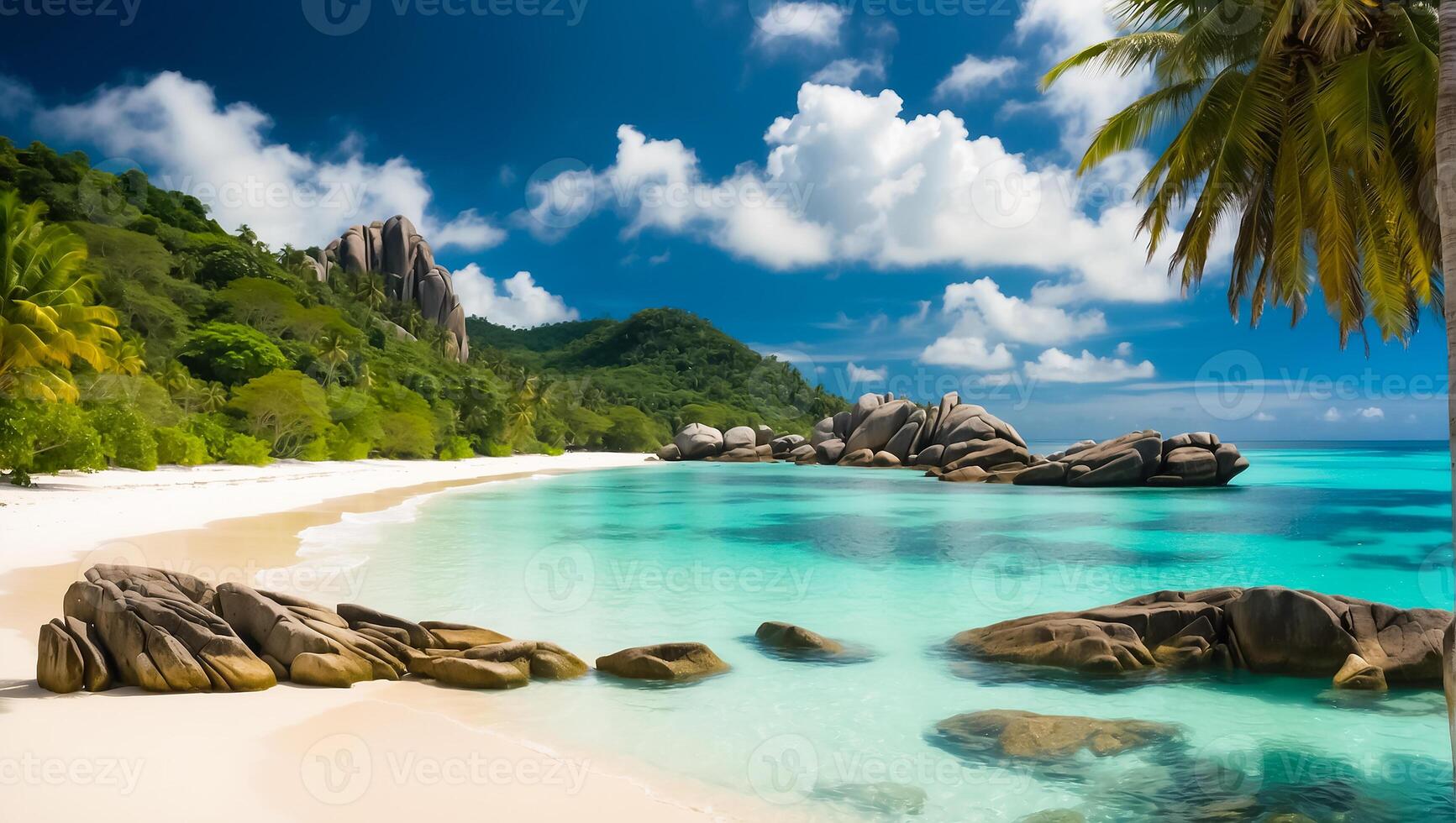 ai generato magnifico soleggiato spiaggia nel Seychelles foto