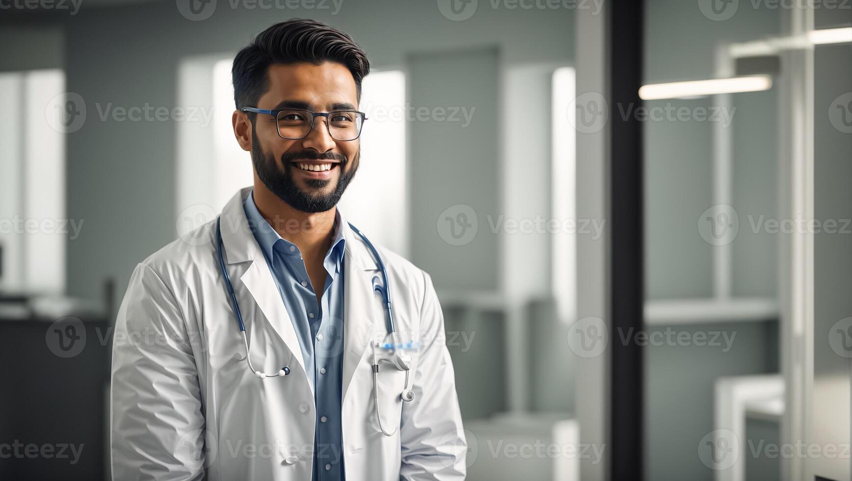 ai generato sorridente maschio medico nel clinica foto