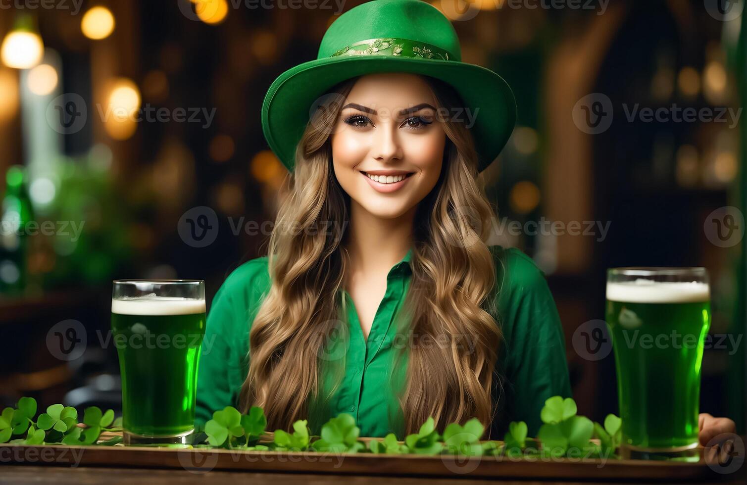 ai generato bellissimo ragazza con un' bicchiere di verde birra, indossare un' cappello con trifoglio le foglie sfondo foto