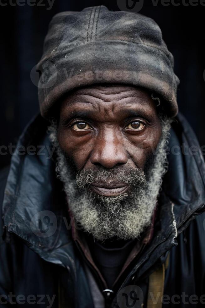 ai generato ritratto di un' grave uomo di il africano gara su un' nero sfondo foto