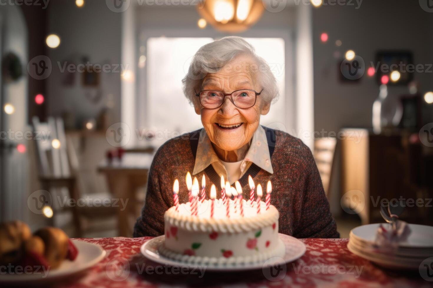 ai generato un anziano donna colpi su il candele su un' compleanno torta a sua casa foto