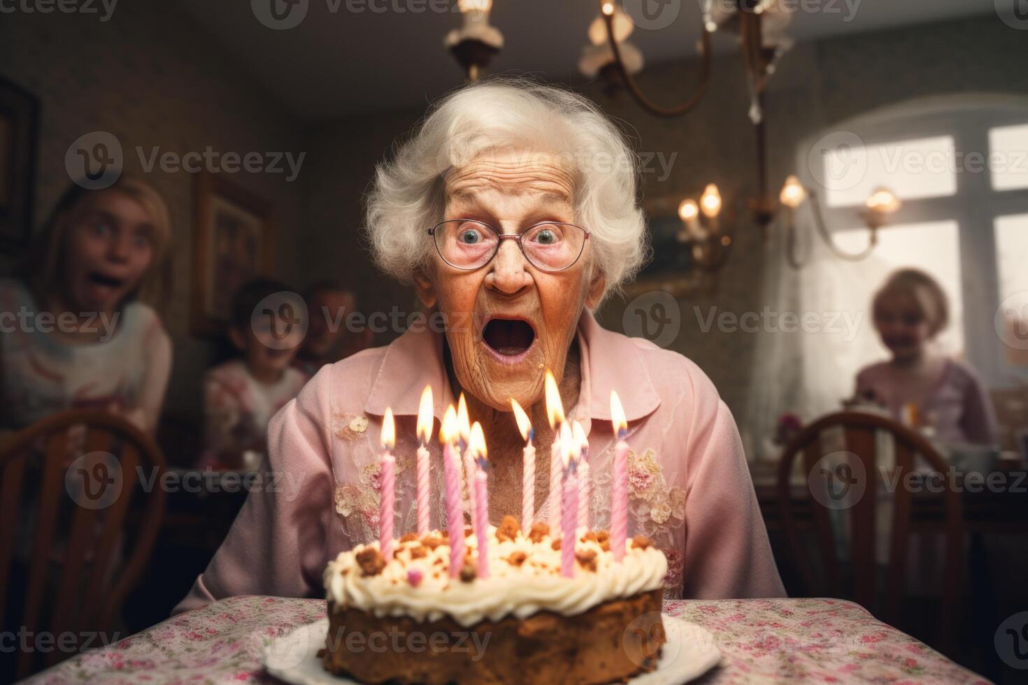 ai generato un anziano donna colpi su il candele su un' compleanno torta a sua casa foto