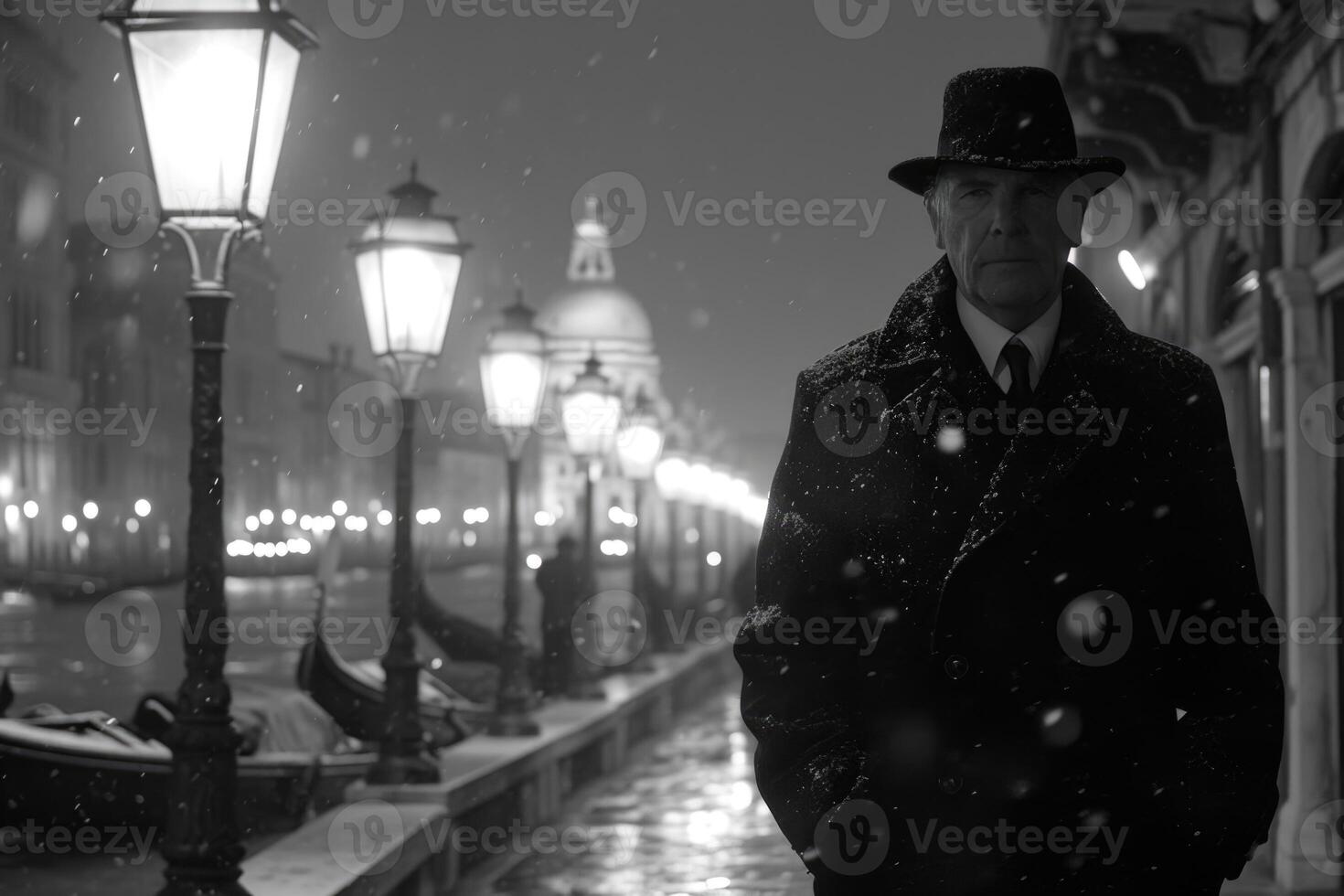 ai generato un' uomo nel un' cappotto e cappello passeggiate a notte lungo il inverno illuminato lungomare di Venezia. Italia foto