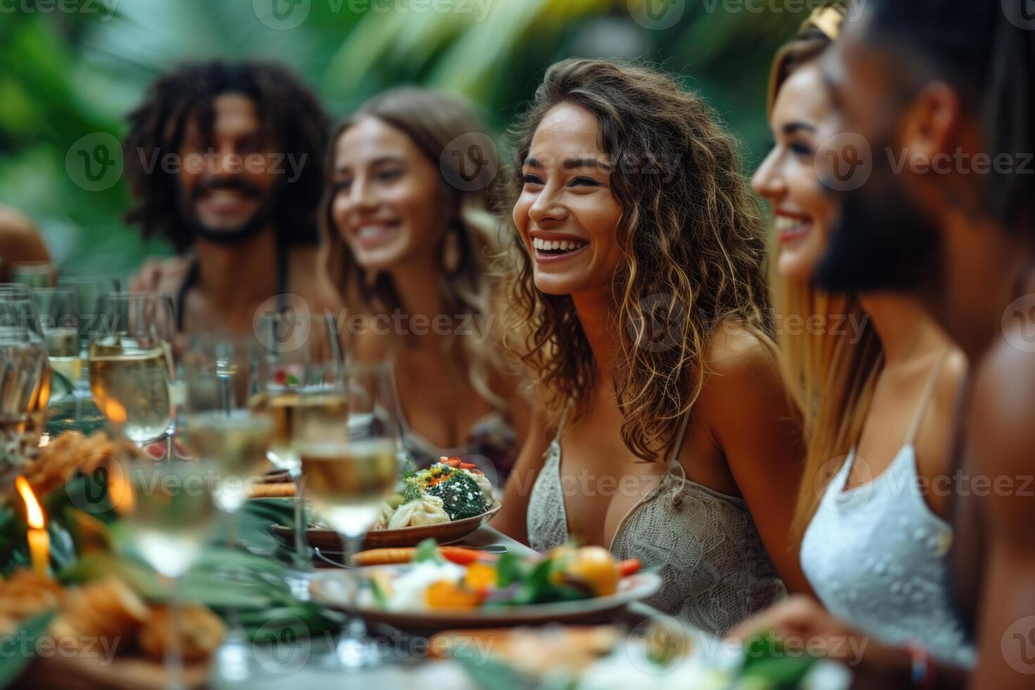 ai generato un' gruppo di amici siamo seduta insieme a un' festivo tavolo al di fuori e chattare. bali foto