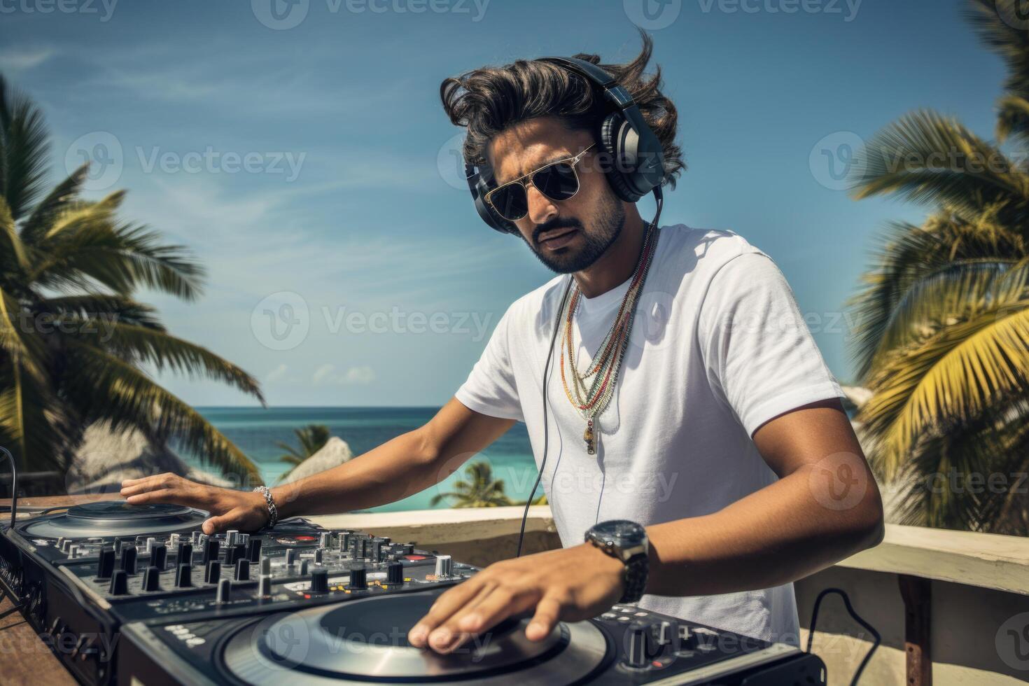 ai generato un' allegro dj con bicchieri è giocando a un' spiaggia festa. all'aperto concerto foto