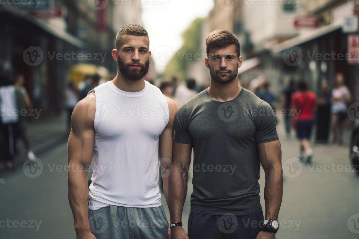 ai generato Due adulto atletico uomini fiducioso nel loro stessi, in piedi su il strada di il città durante il giorno foto