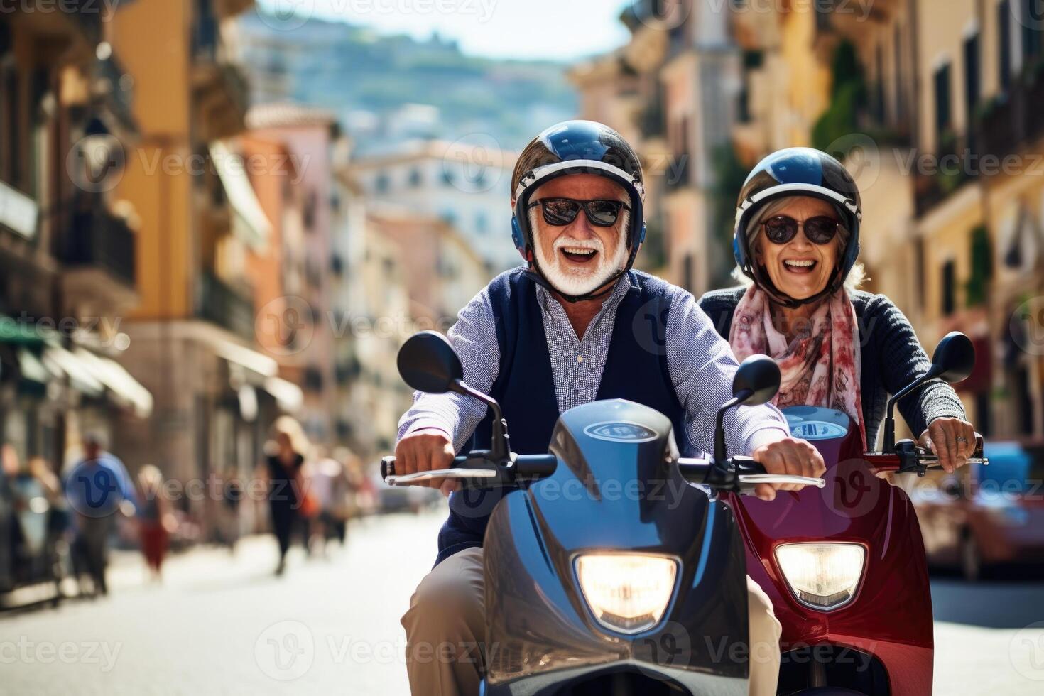 ai generato un anziano allegro emotivo coppia nel oscar cavalcate un' scooter lungo un' città strada foto