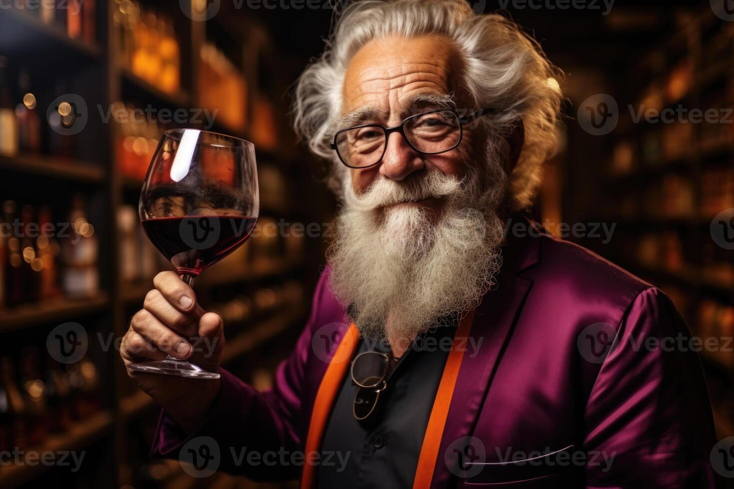 ai generato un' fiducioso, anziano, positivo, sorridente uomo con un' barba degustazione rosso vino nel il suo vino cantina foto