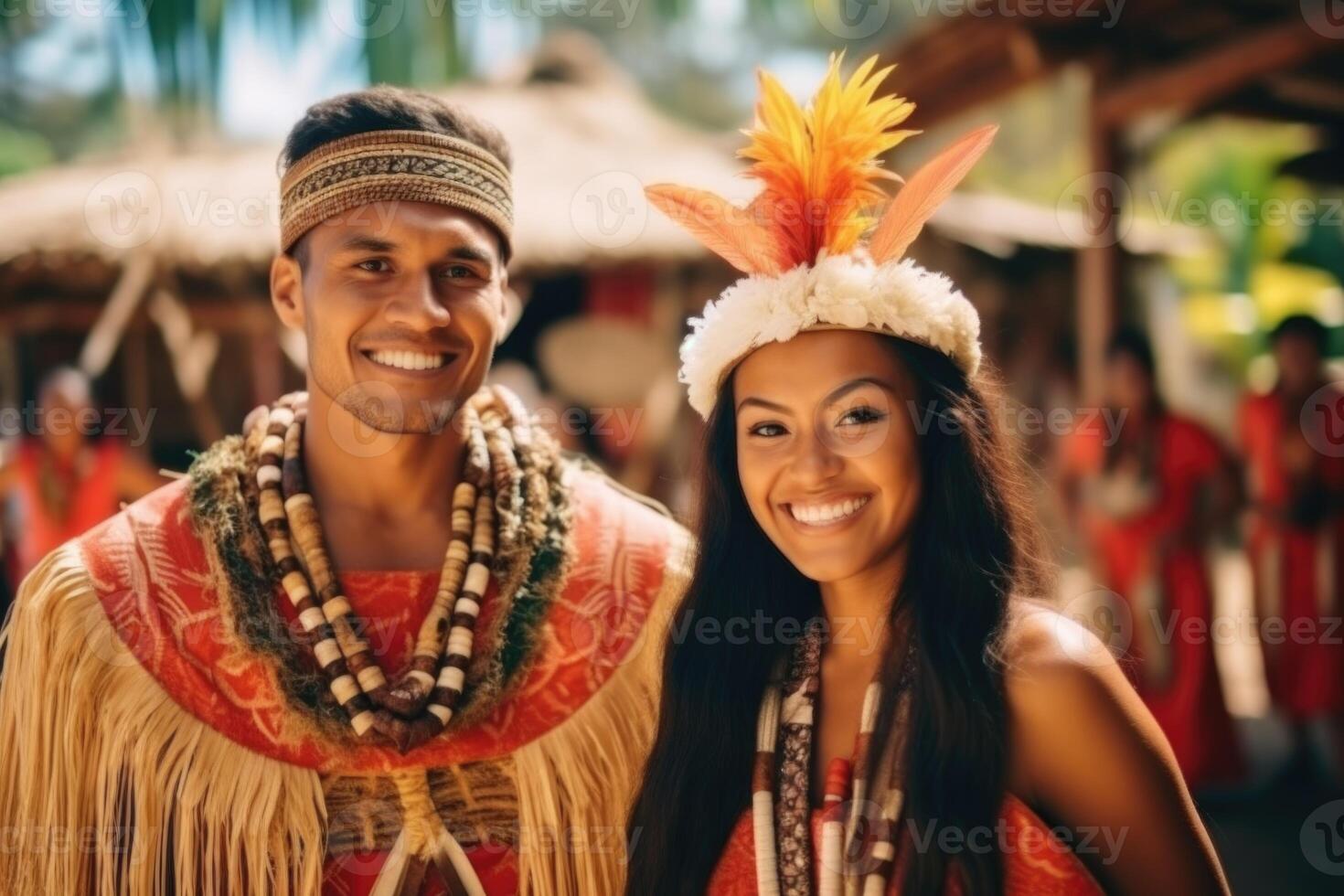 ai generato ritratto di un' contento uomo e donna nel nazionale costumi su vacanza contro il sfondo di natura. polinesia foto