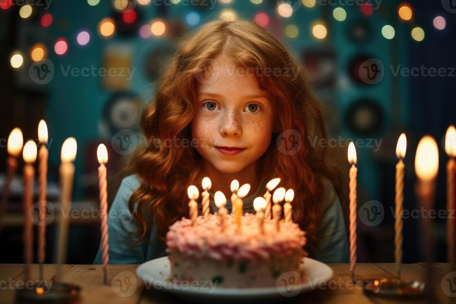 ai generato un' dai capelli rossi giovane ragazza volontà soffio su il candele su il compleanno torta foto