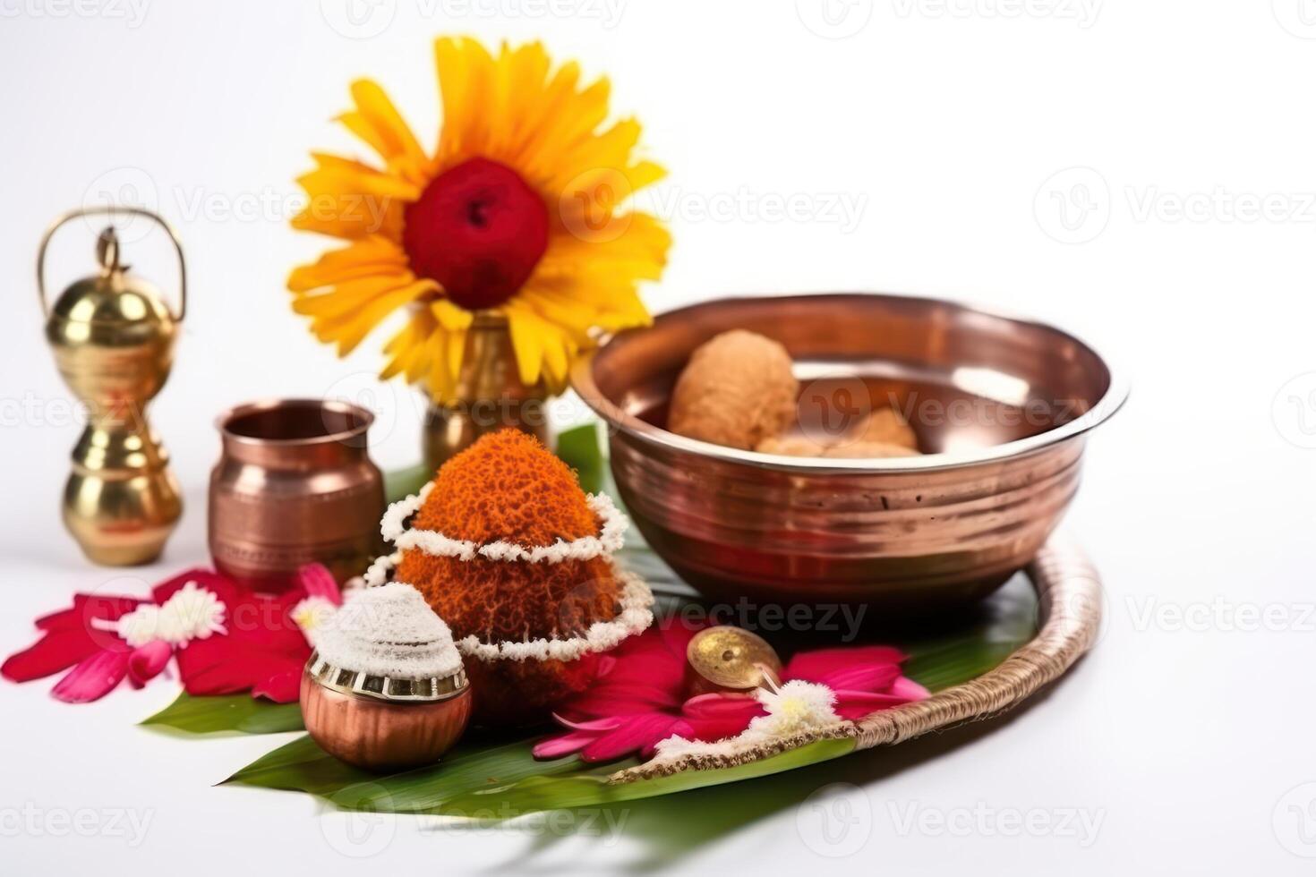 ai generato un' tradizionale impostare con rame Kalash Noce di cocco Mango foglia pooja thali diya kumkum e dolci ornato con floreale decorazioni su bianca sfondo, foto