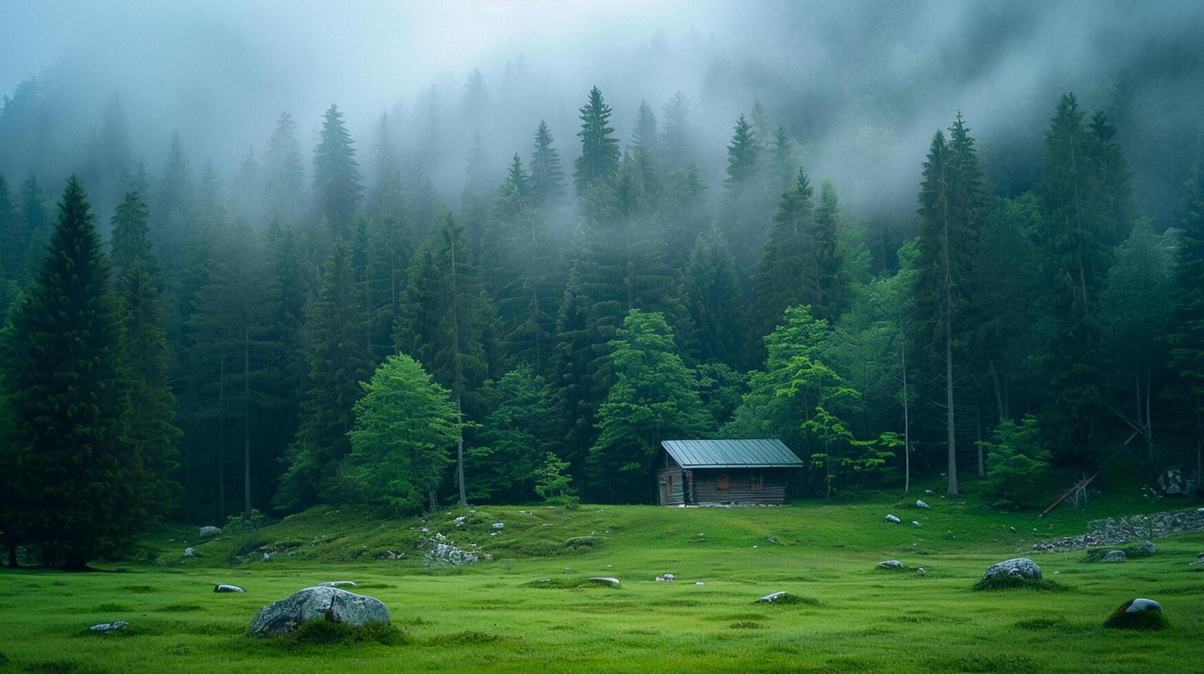 ai generato sereno foresta con solitario cabina nel il mezzo di verde campo circondato di alto, denso alberi. il atmosfera è nebbioso, dando il scena mistico e tranquillo vibrazione ai generato foto