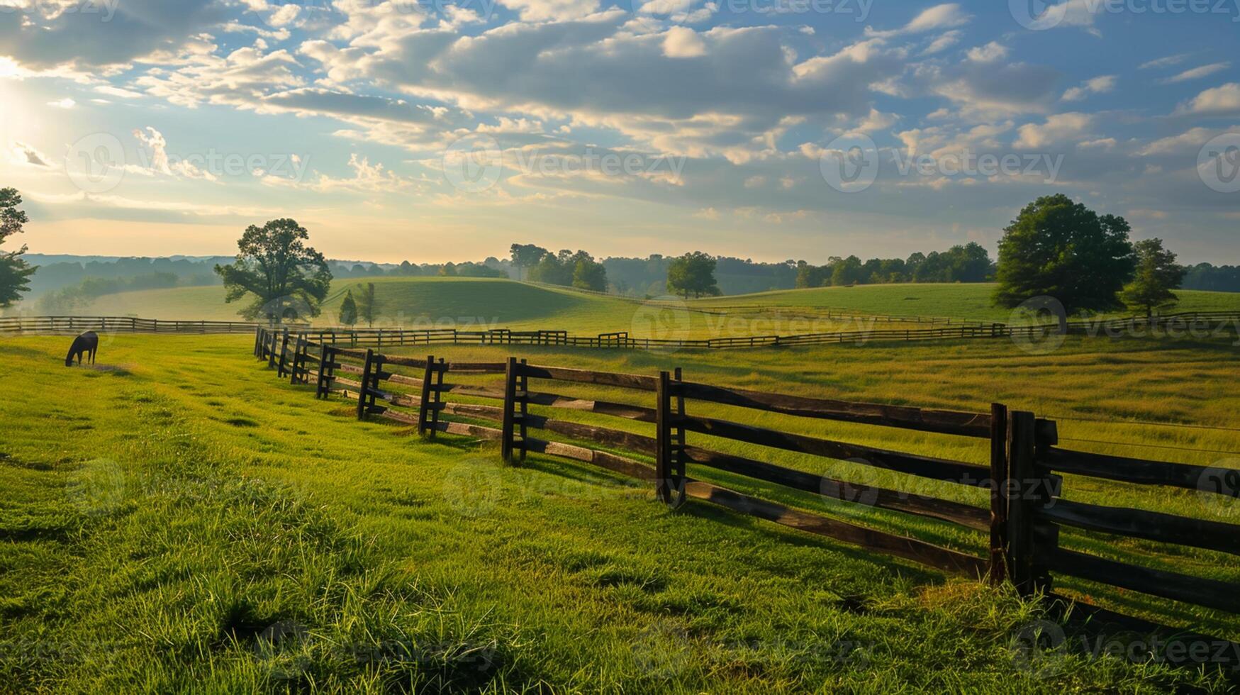 ai generato Diviso rotaia recinto tratti attraverso il campagna, demarcazione il lussureggiante verde campi, e cavallo sfiora pacificamente qui vicino, lungo esposizione fotografia ai generato foto