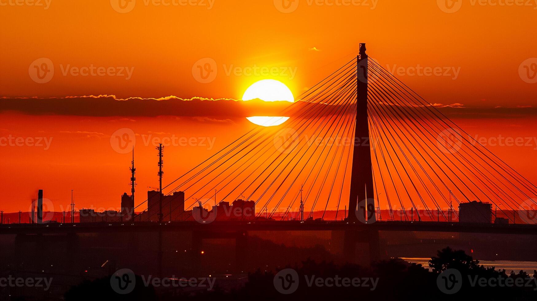 ai generato sbalorditivo foto di tramonto con un arancia e giallo pendenza cielo. il sole è prominente visibile, ambientazione dietro a il silhouette di sospensione ponte. paesaggio urbano silhouette ai generato