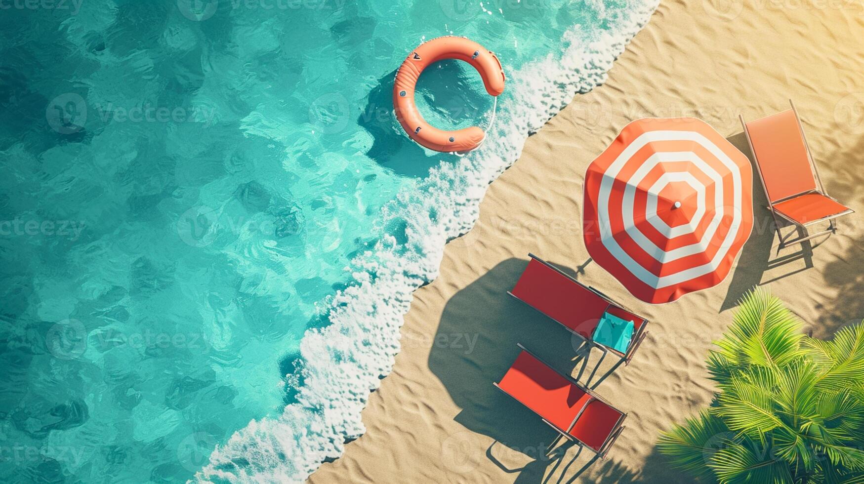 ai generato spiaggia ombrello sedie, gonfiabile squillare su spiaggia sabbia. estate vacanza concept.top Visualizza ai generato foto