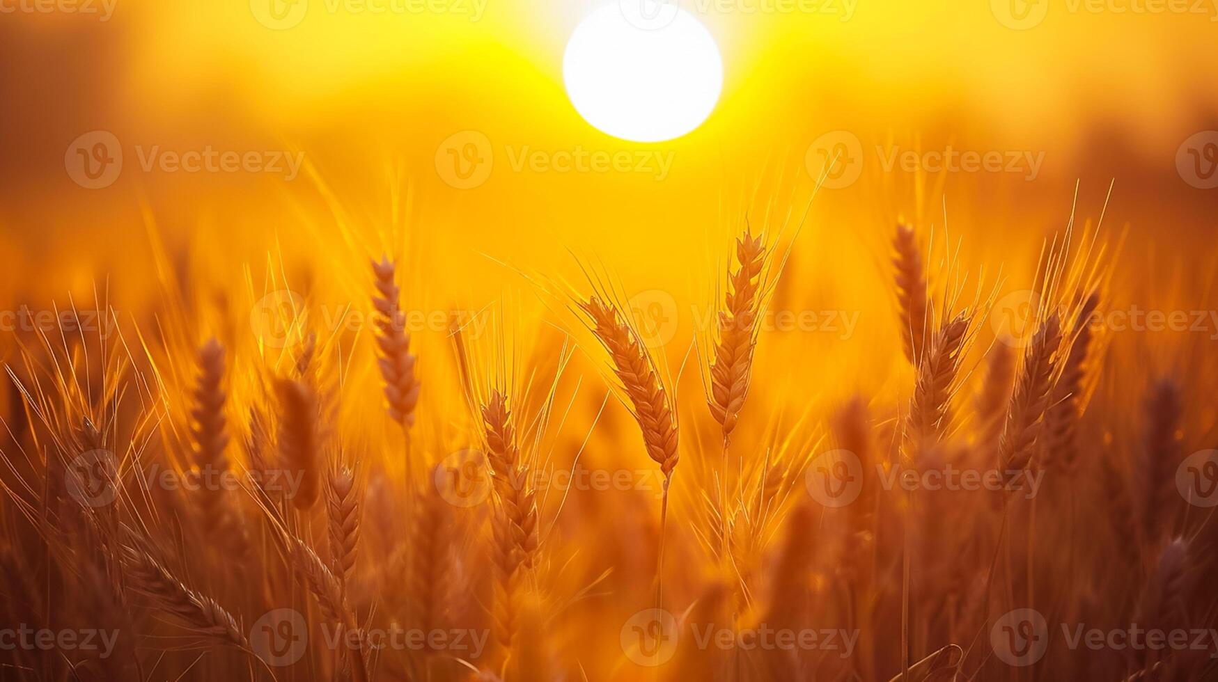 ai generato sereno Immagine cattura tranquillo, calmo scena di Grano campo a Alba. il sole è visibile, apparendo come luminosa, d'oro globo in mezzo il Grano gambi ai generato foto