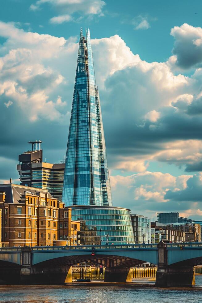 ai generato il coccio rinomato grattacielo nel Londra, in piedi alto contro in parte nuvoloso cielo. il coccio è costruito con bicchiere pannelli quello riflettere il circostante ambiente. ai generato foto