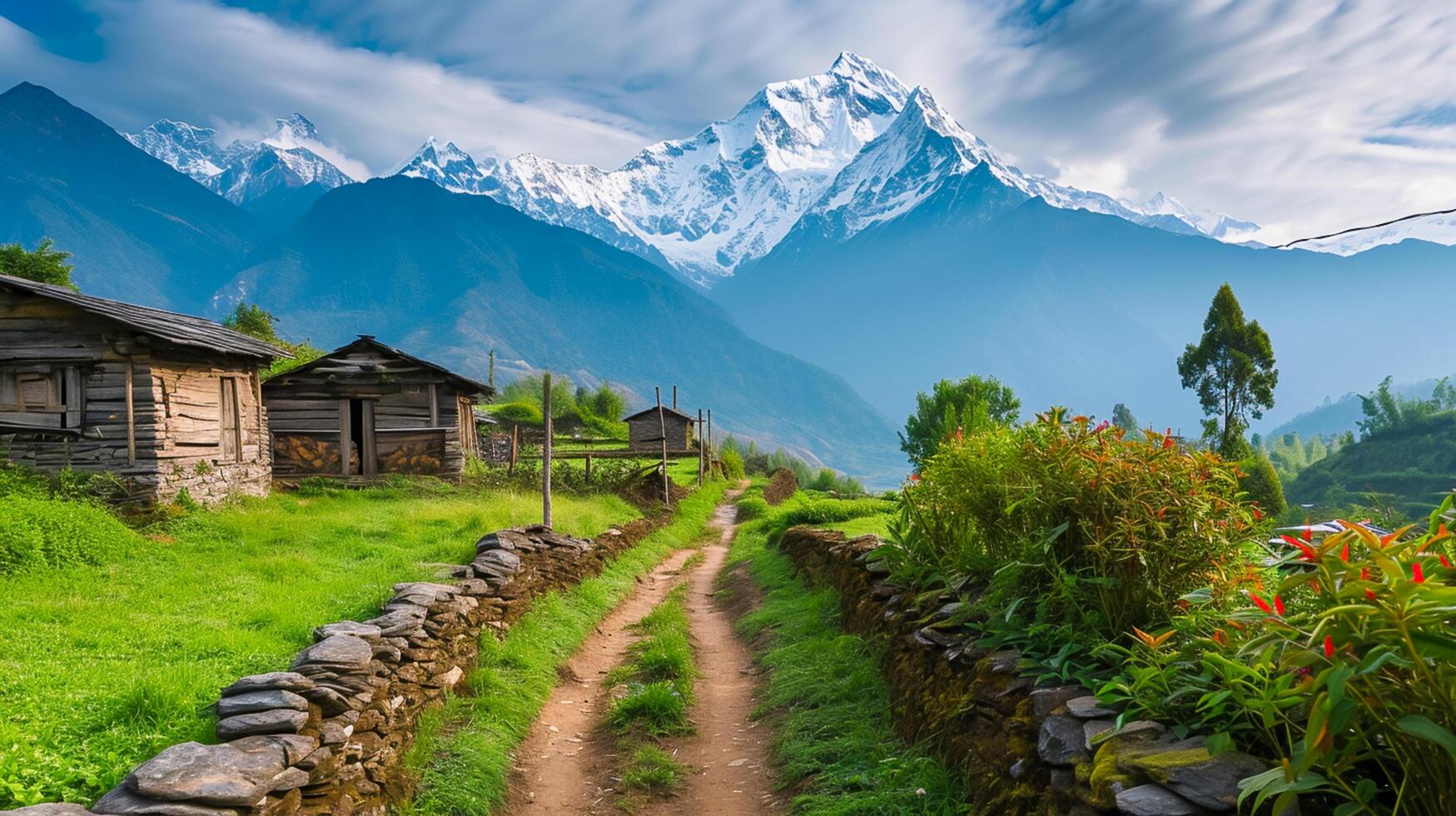 ai generato tranquillo campagna scena stretto sporco sentiero principale passato vecchio pietra e legna strutture, con il maestoso neve capped montagne nel il fondale sotto in parte nuvoloso cielo. ai generato foto