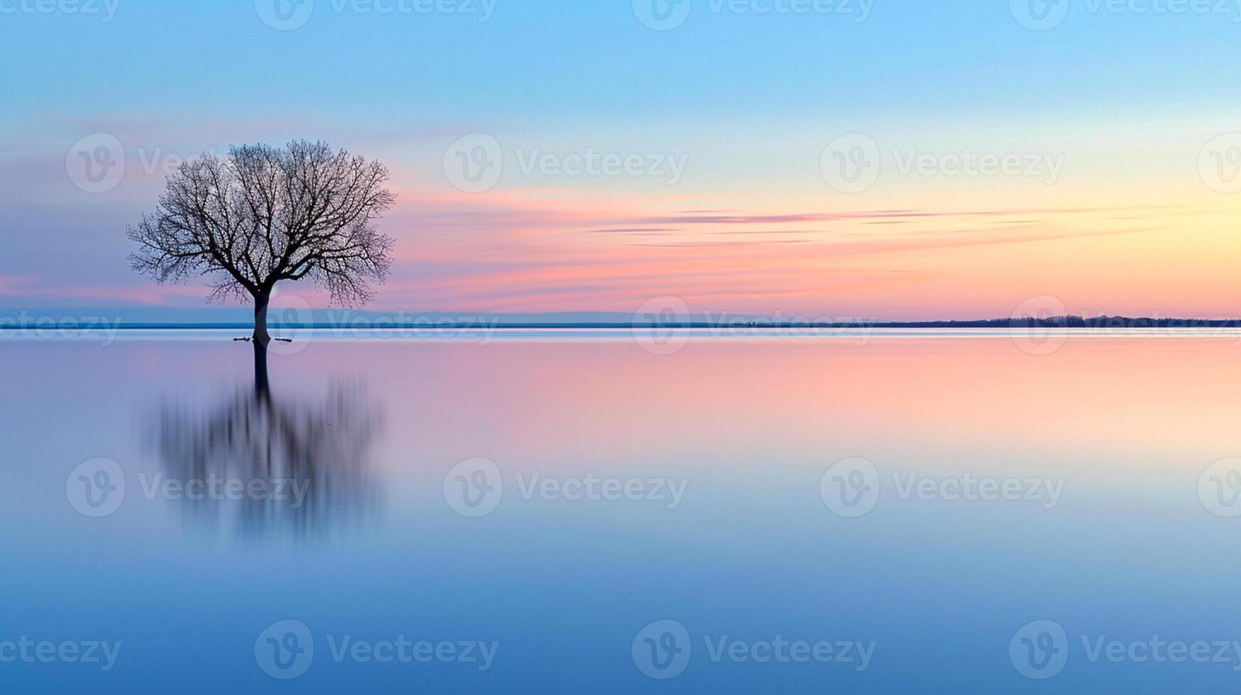 ai generato sereno foto di solitario albero in piedi parzialmente sommerso nel calma corpo di acqua, con il pendenza tonalità di tramonto o Alba riflettendo su il acqua superficie. ai generato