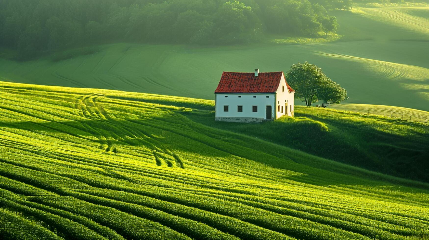 ai generato Casa il campagna, demarcazione il lussureggiante verde campi, lungo esposizione fotografia ai generato foto