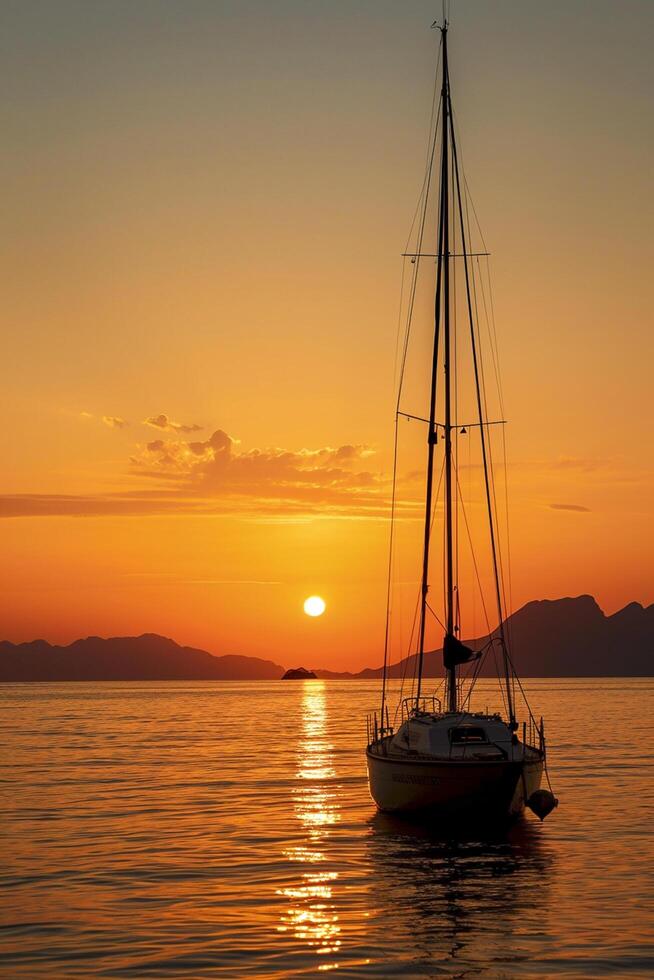 ai generato barca a vela ancorato a mare durante un' mozzafiato tramonto ai generato foto