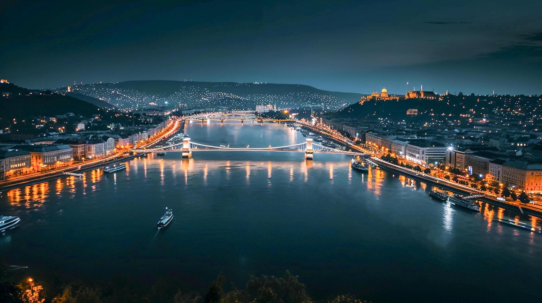 ai generato aereo notte Visualizza di un' paesaggio urbano circondato di acqua ai generato foto