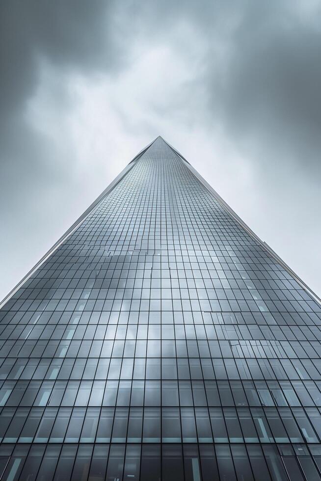 ai generato Immagine Spettacoli alto grattacielo raggiungendo in un nuvoloso cielo. il edificio è costruito con riflessivo bicchiere pannelli quello specchio il circostante edifici e cielo ai generato foto