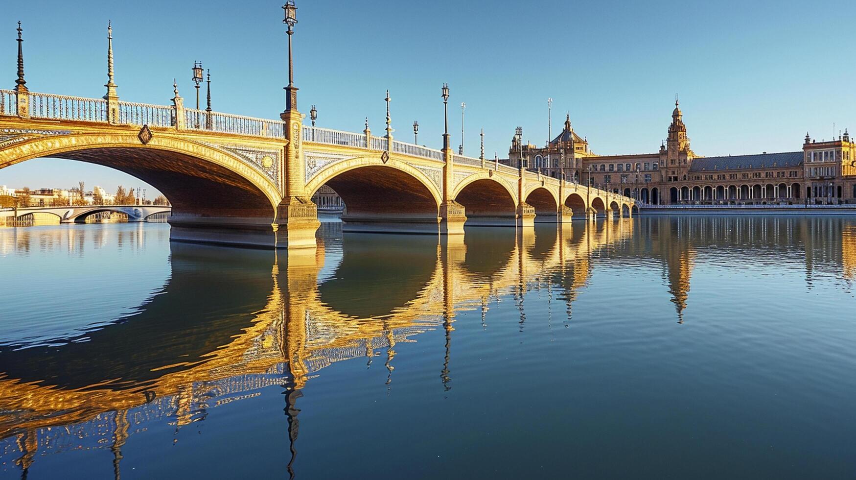 ai generato di grandi dimensioni, elegante pietra ponte con multiplo archi spanning attraverso calma fiume ai generato foto