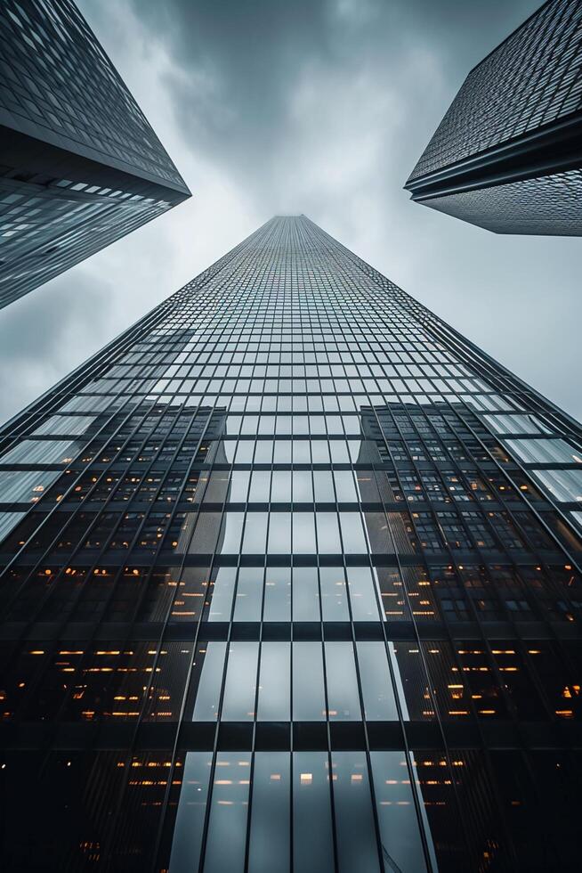 ai generato Immagine Spettacoli alto grattacielo raggiungendo in un nuvoloso cielo. il edificio è costruito con riflessivo bicchiere pannelli quello specchio il circostante edifici e cielo ai generato foto