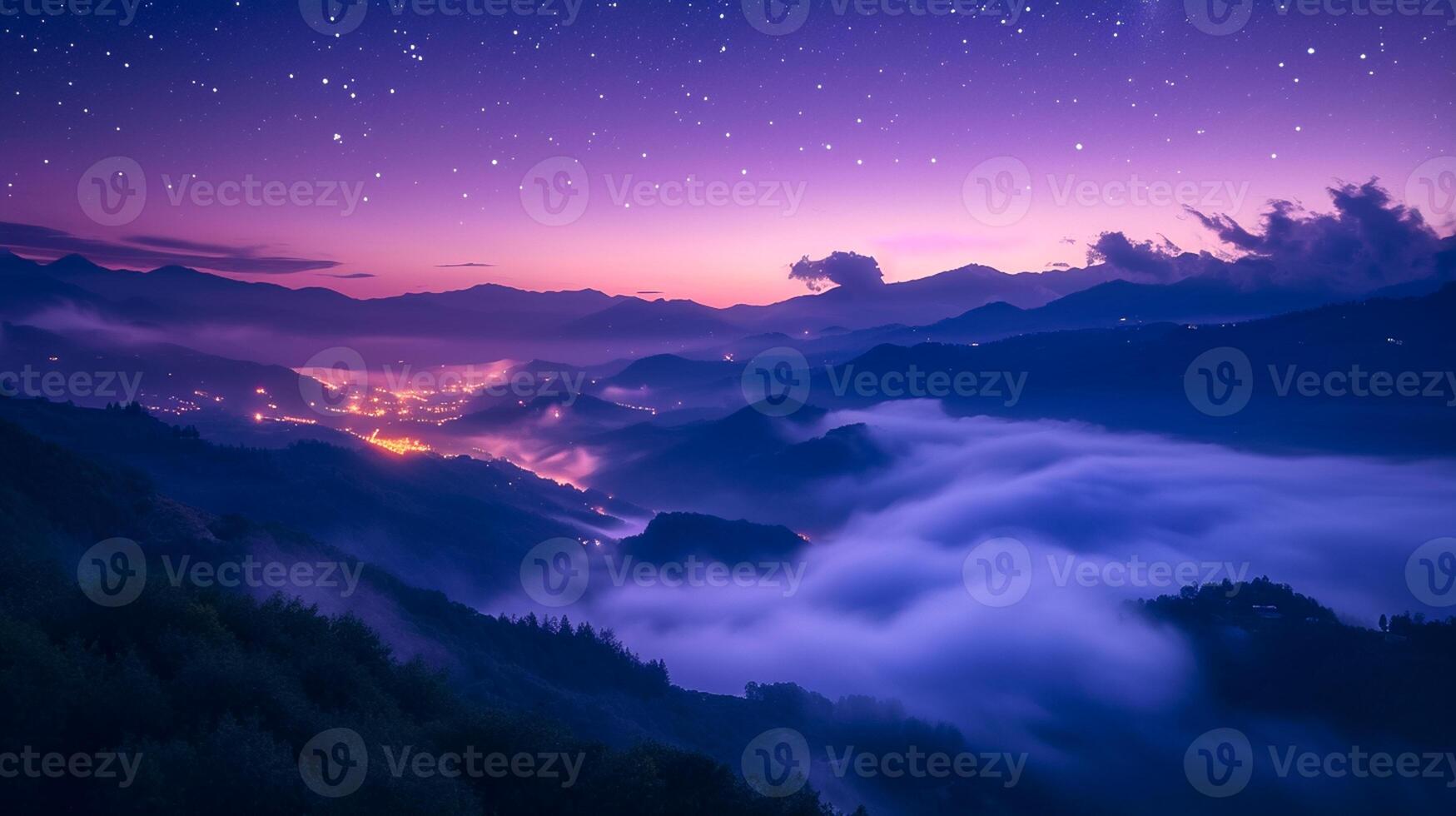 ai generato montagne nel nebbia su bellissimo notte. paesaggio con alto montagna valle, Basso nuvole, foresta, viola cielo con stelle, illuminante il città a tramonto ai generato foto