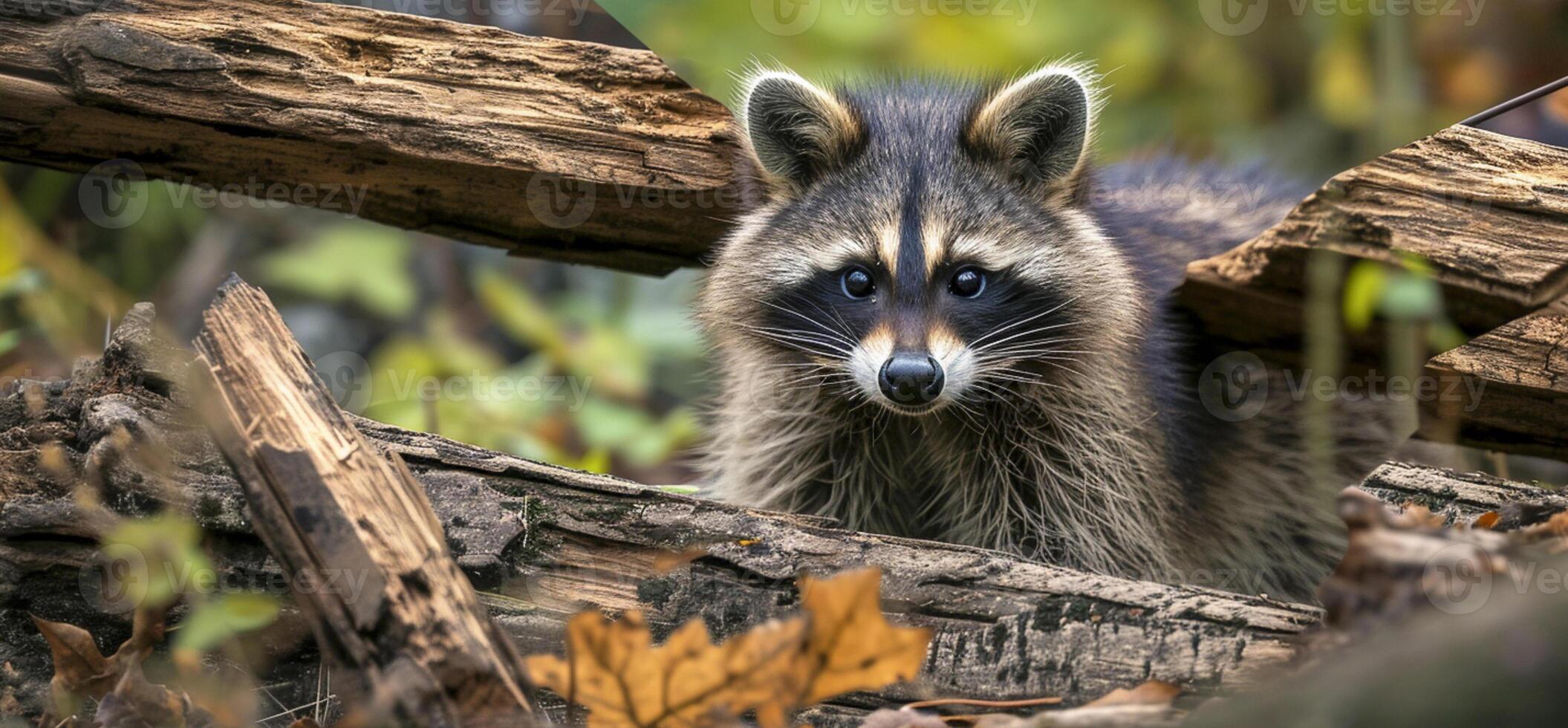 ai generato procione nel un' naturale ambientazione, circondato di logs e fogliame ai generato foto