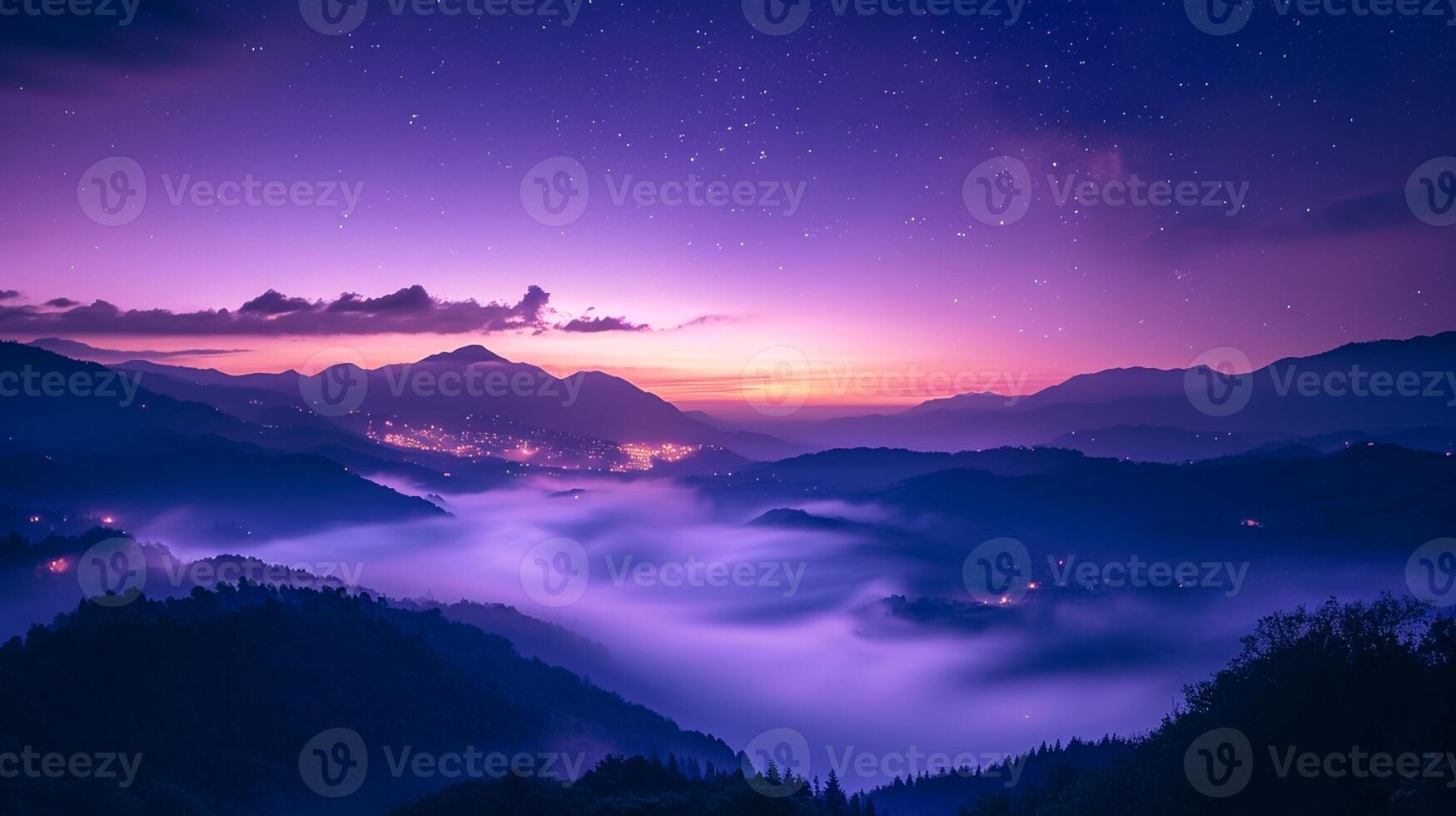 ai generato montagne nel nebbia su bellissimo notte. paesaggio con alto montagna valle, Basso nuvole, foresta, viola cielo con stelle, illuminante il città a tramonto ai generato foto