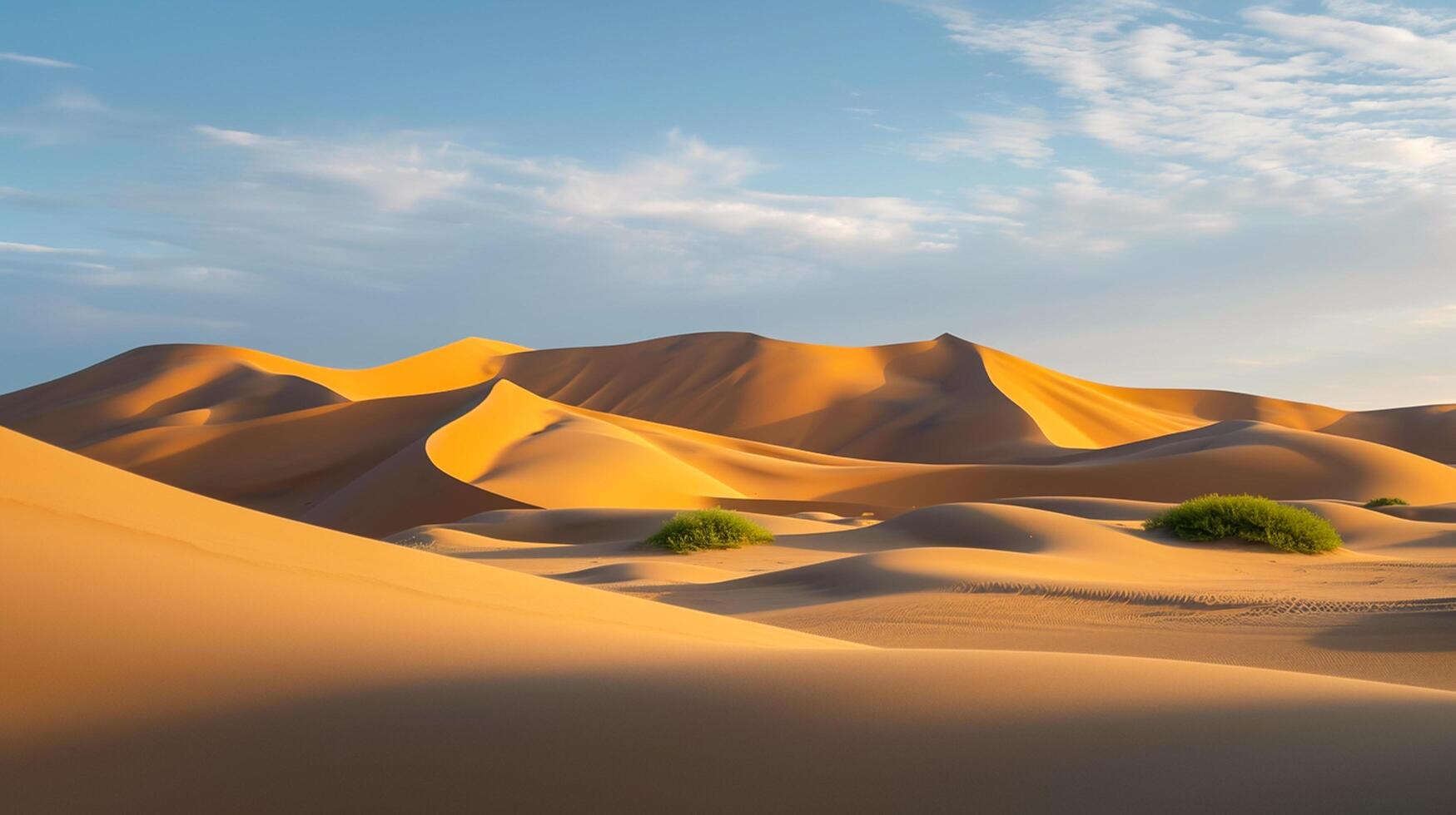 ai generato deserto paesaggio liscio sabbia dune ricco d'oro toni di il sabbia con il morbido blu cielo. pochi verde impianti siamo visibile nel il primo piano indisturbato naturale scena ai generato foto